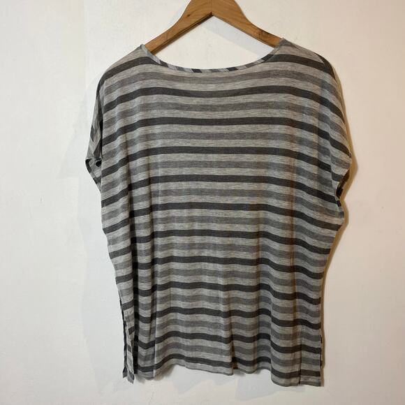 Eileen Fisher SZ M Gray Striped Micromodal Boxy Cap Sleeve Minimalist Top Casual - Picture 6 of 7